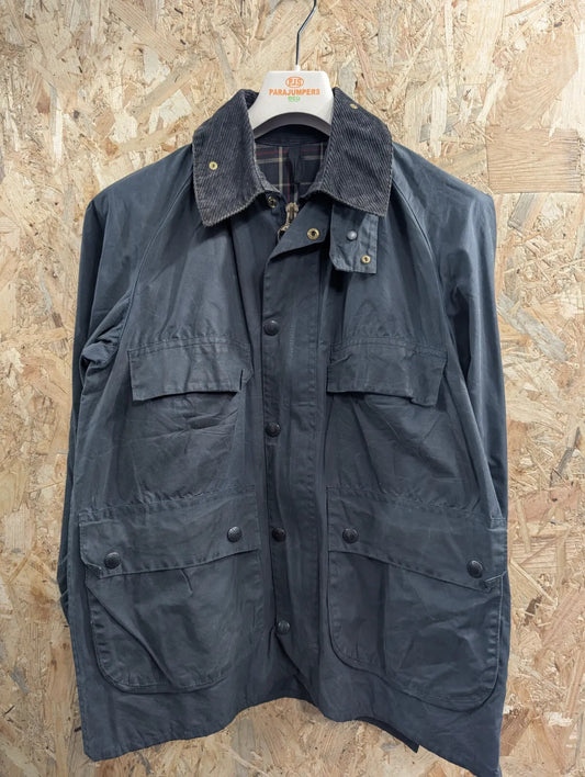 Vintage Barbour Bedale Jacket Mens Medium Navy Blue Waxed Cotton Cord Collar 80s