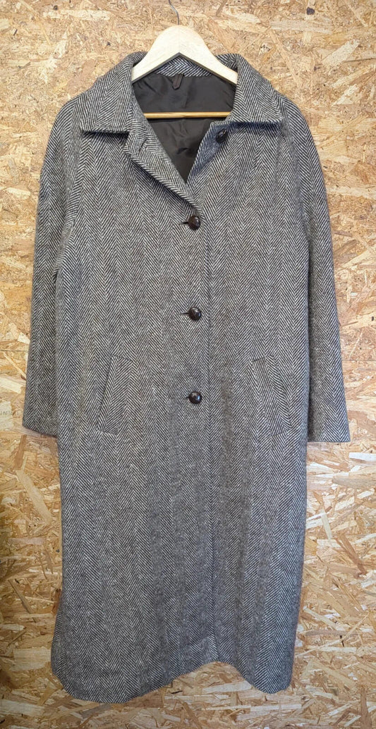 Cambrian Long Coat Womens UK 16 Brown Wool Herringbone Button Up Classic Wales
