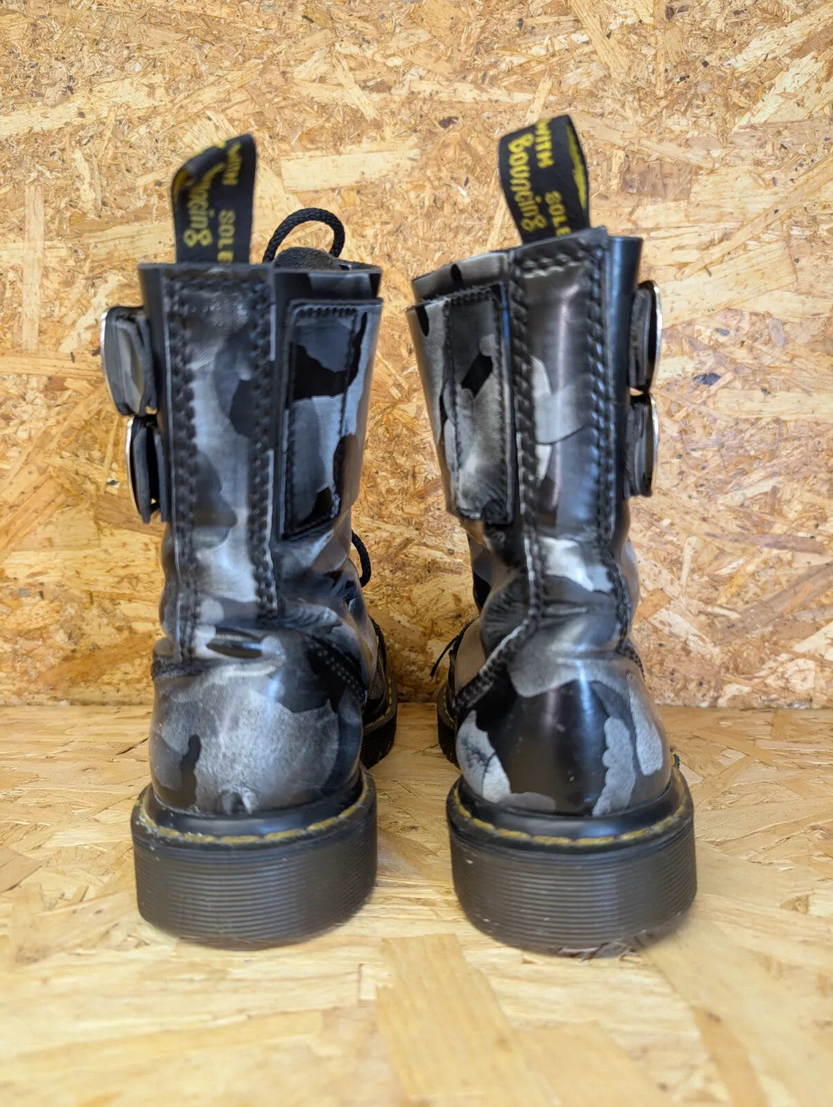 Dr Martens Combat Boots UK 5 Black Silver Leather Camouflage Buckle England Made