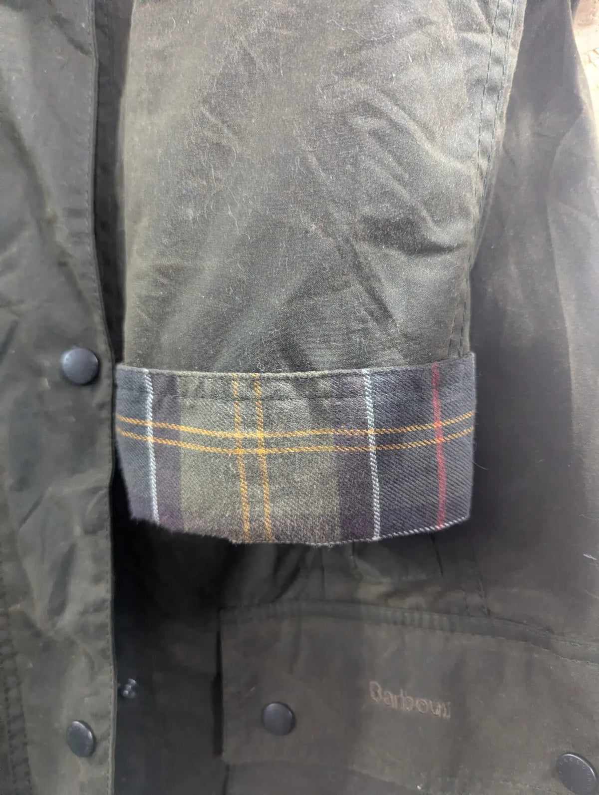 Barbour Beadnell Wax Jacket Womens UK12 Green Cotton Tartan Lined Cord Collar