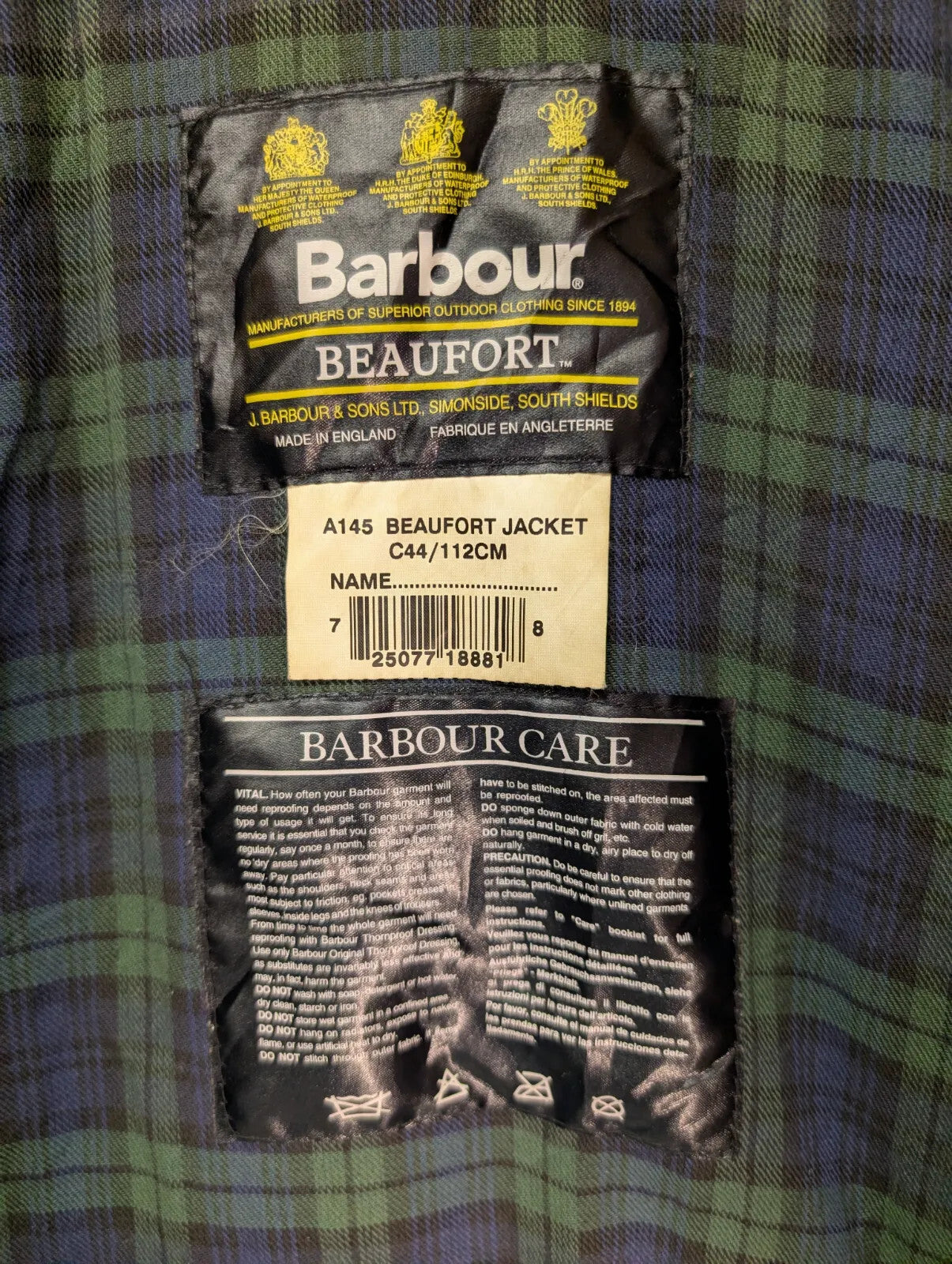 Vintage 90s Barbour A145 Beaufort Wax Jacket XL C44 112cm Black Cotton Checked