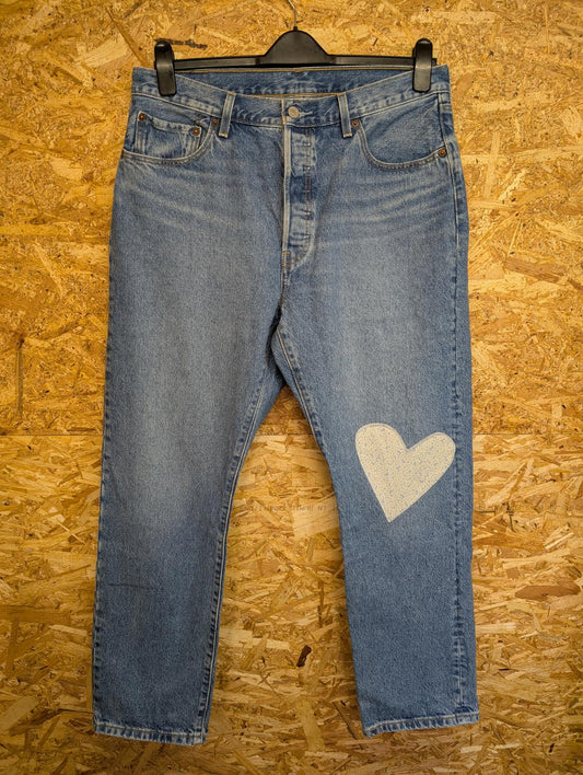Levis 501 Jeans Womens Size 14-16 W34 L30 150th Anniversary Patchwork Blue