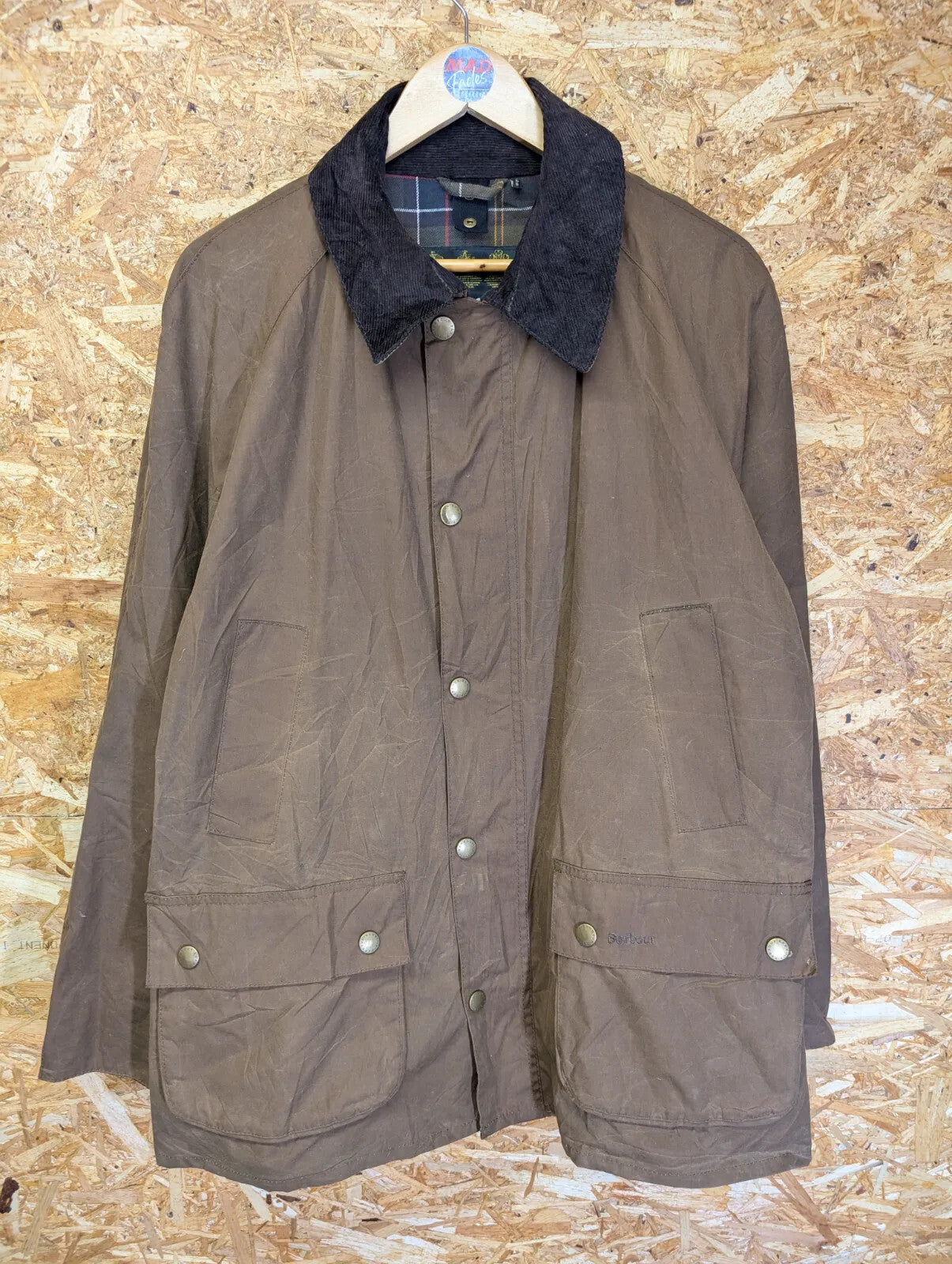 Barbour Ashby Wax Jacket XL Bark Khaki Rustic Brown England Tartan Cord Collar
