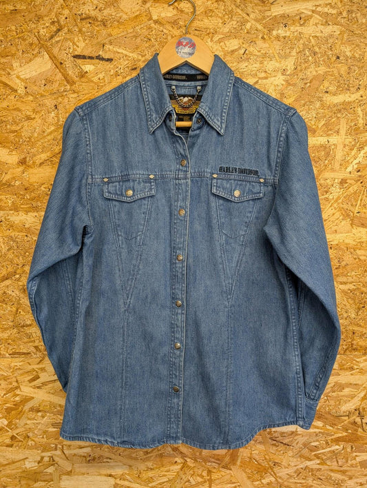 Harley Davidson Denim Shirt Medium Women Embroidered Blue Long Sleeve Button-Up