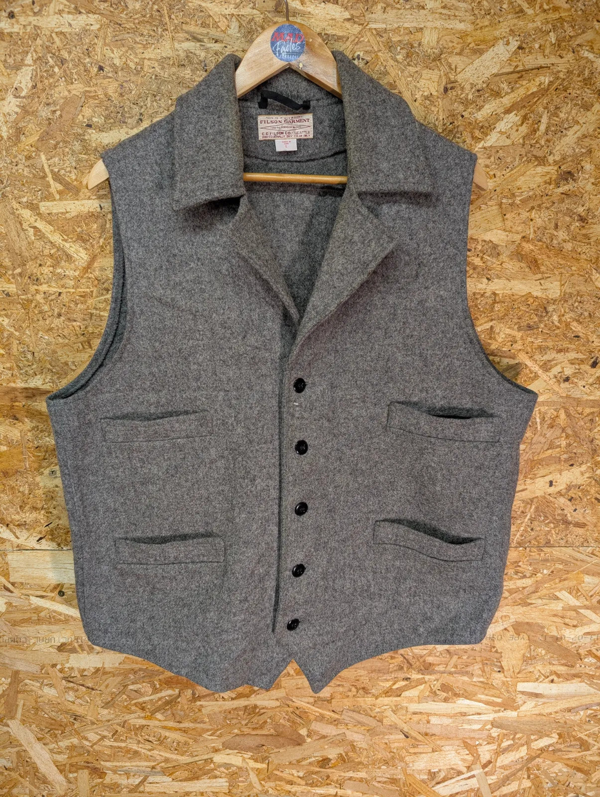 Filson Western Vest Mens Large Heather Grey Mackinaw Wool USA Made Collared