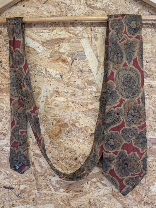 Burberrys Mens Tie Floral Pattern Pure Silk Vintage 80s Made in England Brown