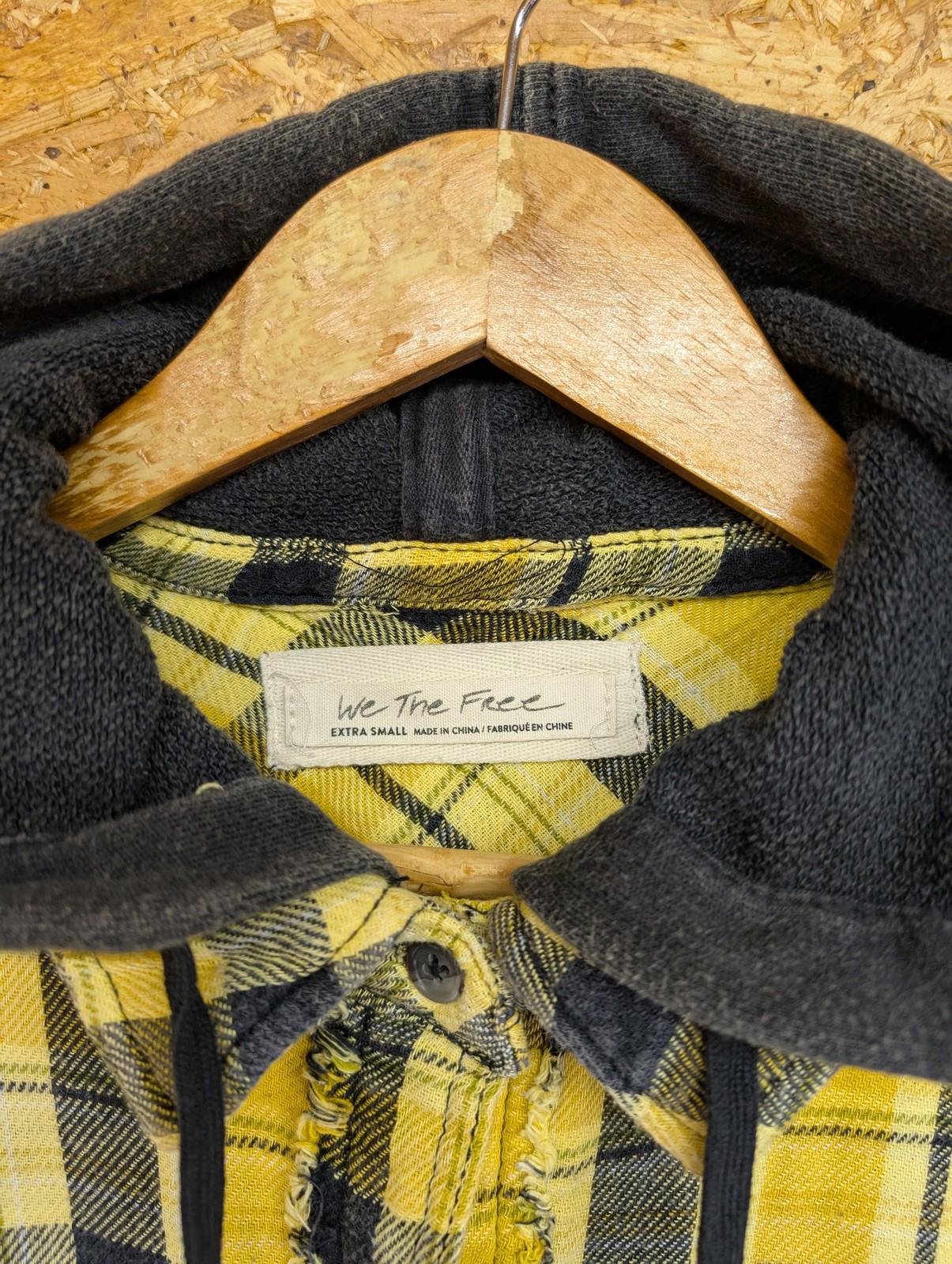 We The Free People Shirt XS Women Hooded Distressed Yellow Black Plaid Button-Up