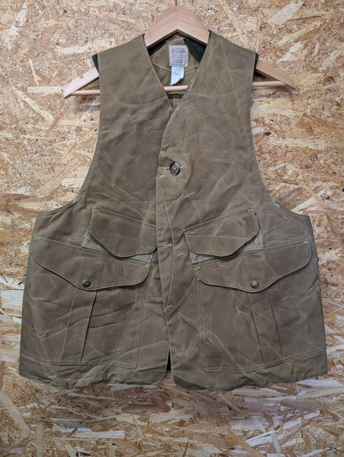 Filson Tin Cloth Hunting Vest Mens Large Style 31 Gilet Brown Wax Tin Cloth Tan