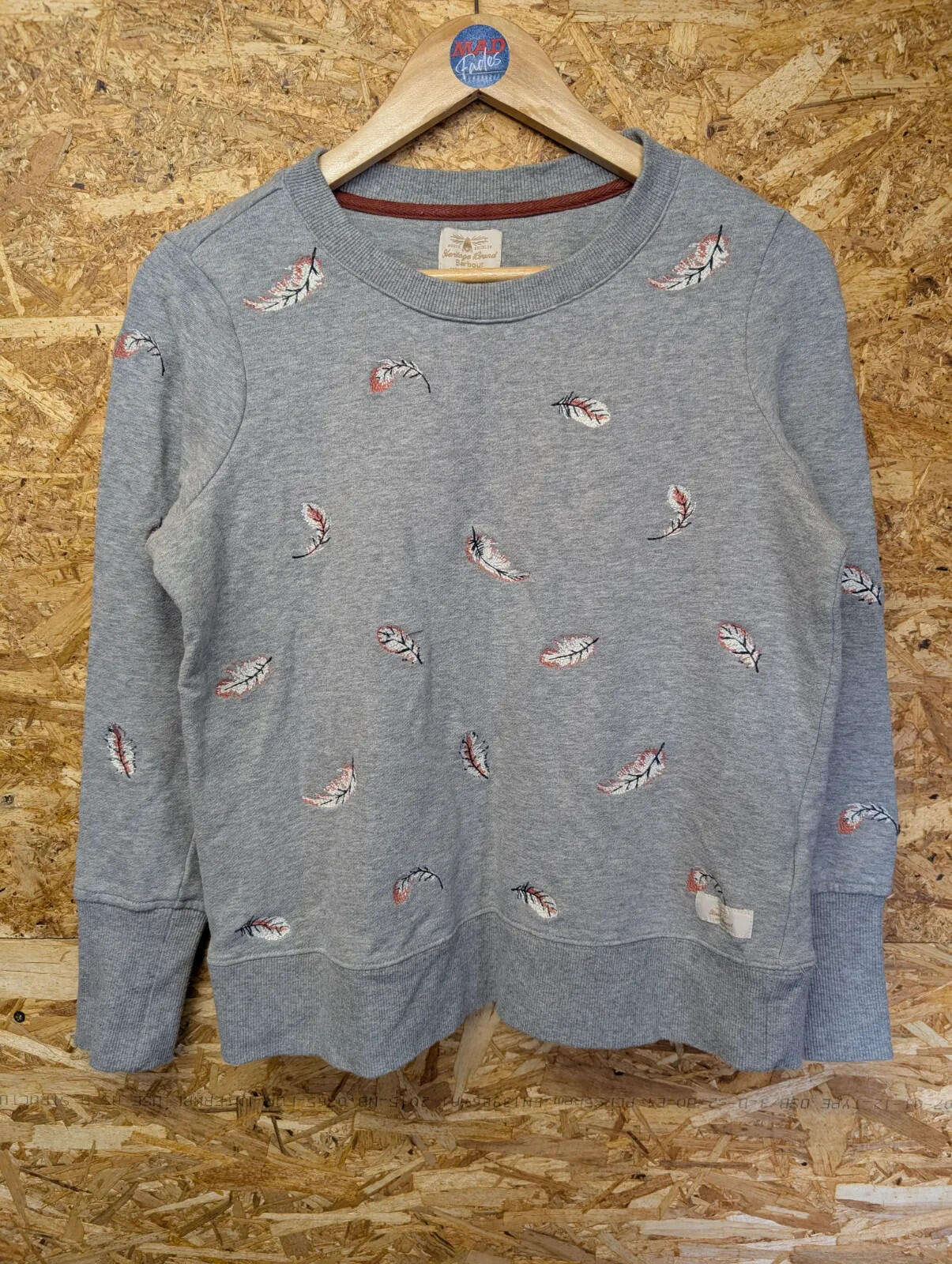 Barbour Fell Sweatshirt Womens Size 10 Grey Cotton Feather Embroidery Crew
