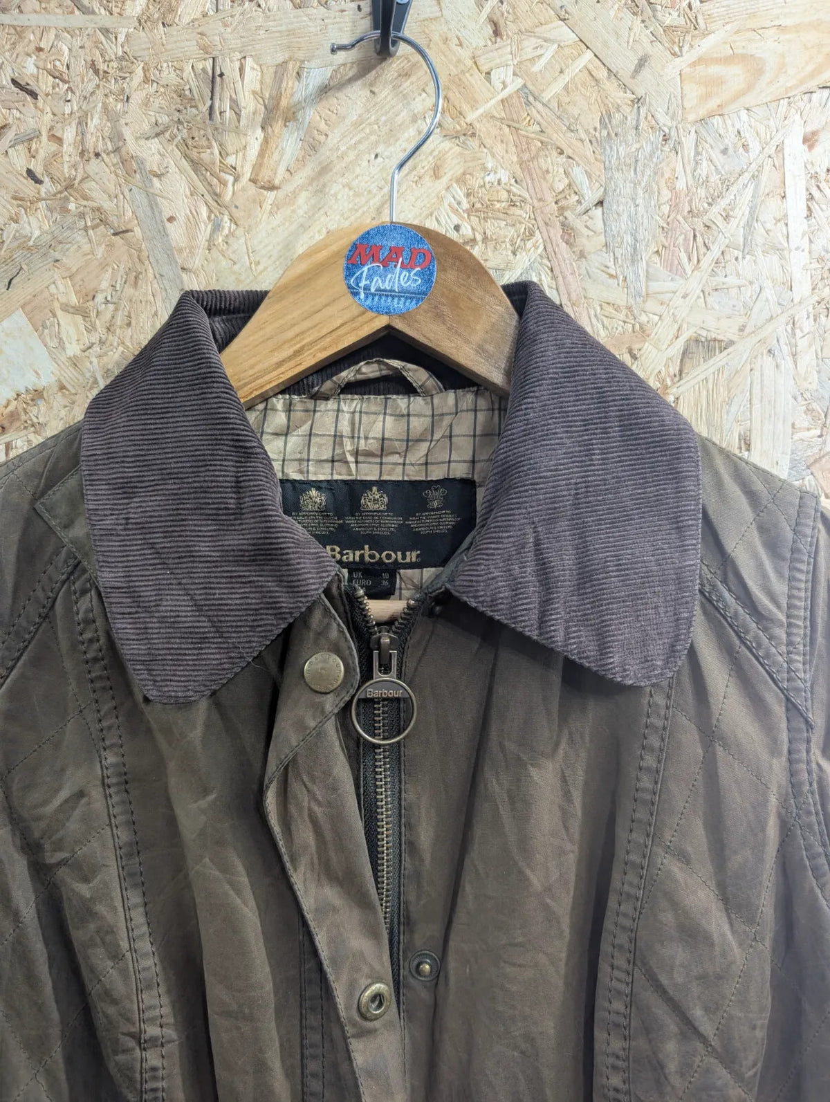 Barbour Sapey Wax Jacket Womens UK10 Khaki Green Cotton Quilted Corduroy Utility