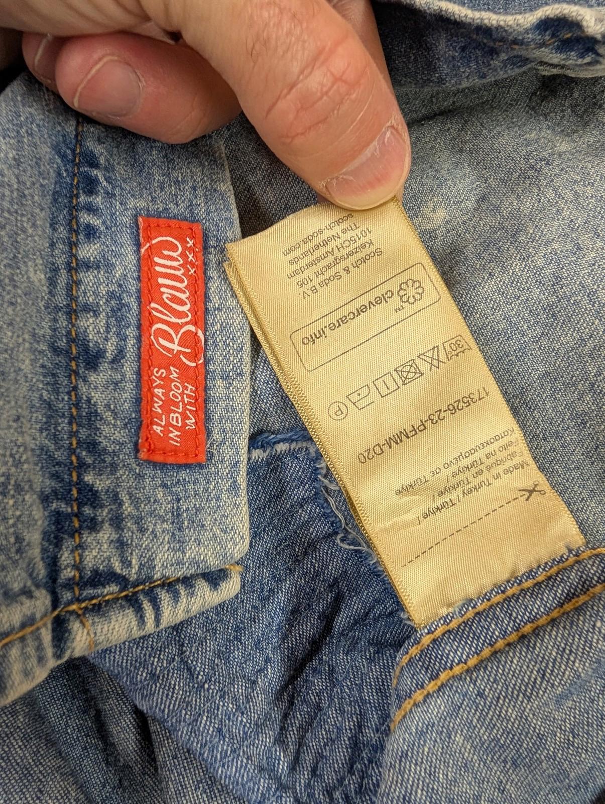 Scotch & Soda Denim Shirt Large Men Pearl Snap Aztec Embroidered Cuffs Blue