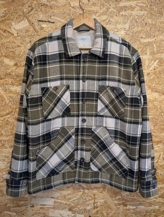 Percival Check Shirt Jacket Large Men Button-Up Warm Fleece Lined Green Plaid