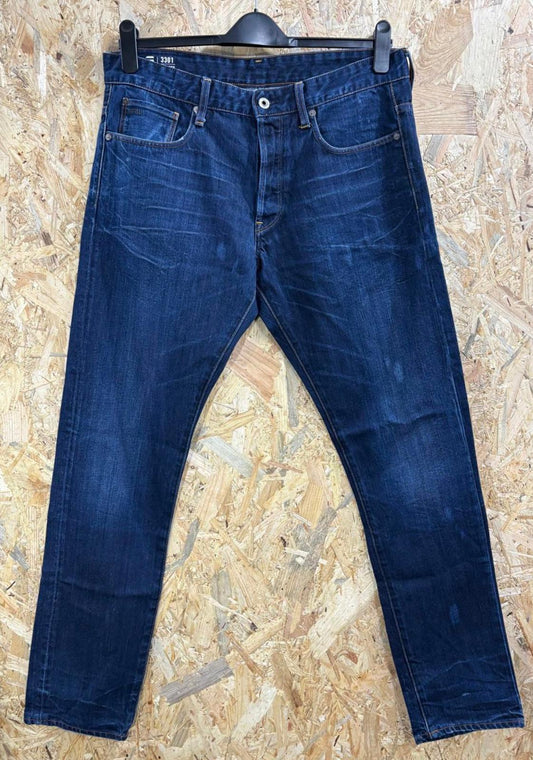 G-Star 3301 Tapered Jeans W34 L32 Navy Blue Dark Denim Button Fly