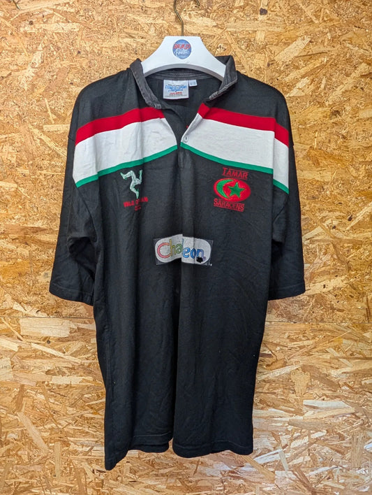 Vintage Tamar Saracens Rugby Shirt Mens Large Black Embroidered Halbro 2002 Isle