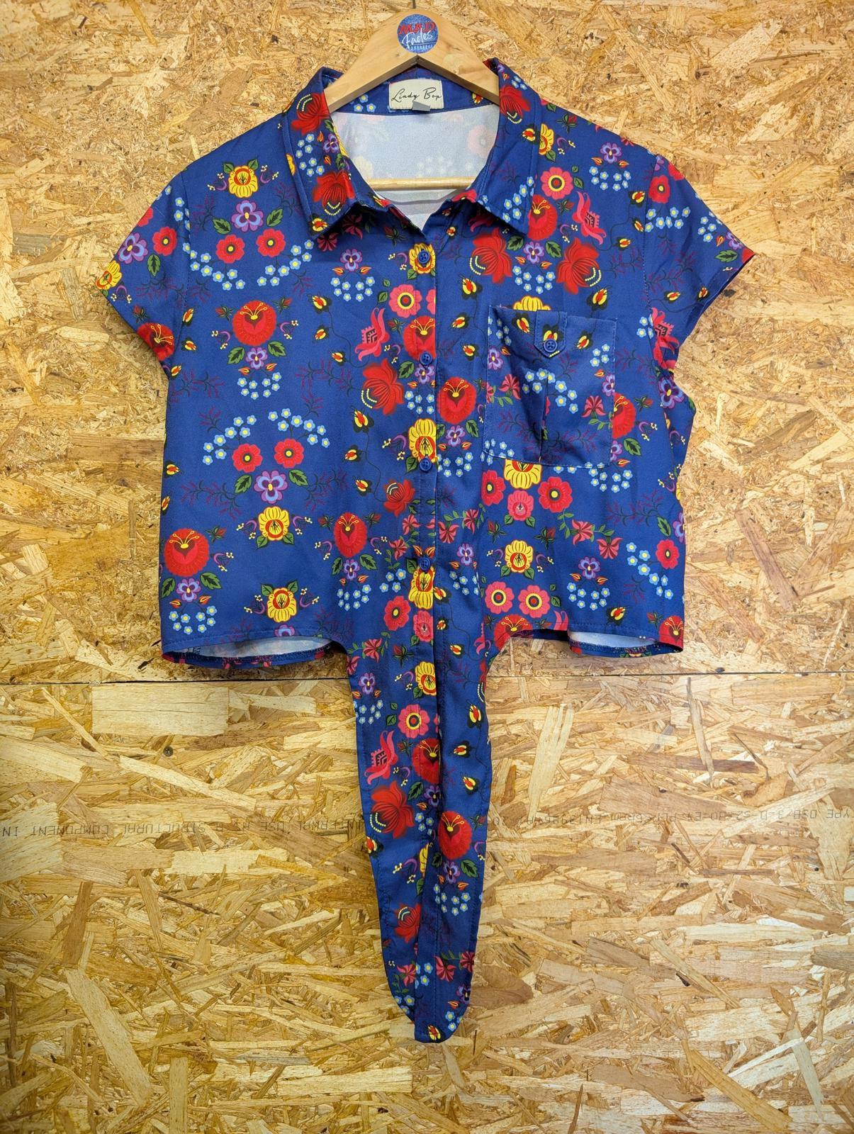 Lindy Bop Blouse Size UK 16 Navy Blue Shirt Floral Tie Front Light Short Sleeve