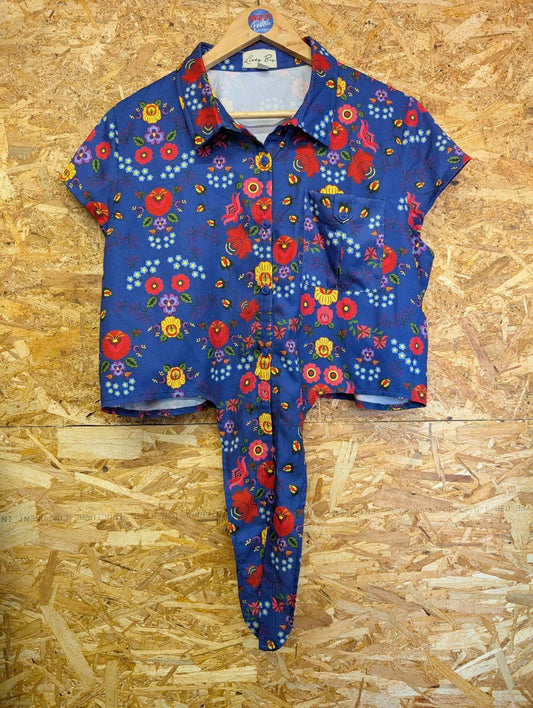 Lindy Bop Blouse Size UK 16 Navy Blue Shirt Floral Tie Front Light Short Sleeve