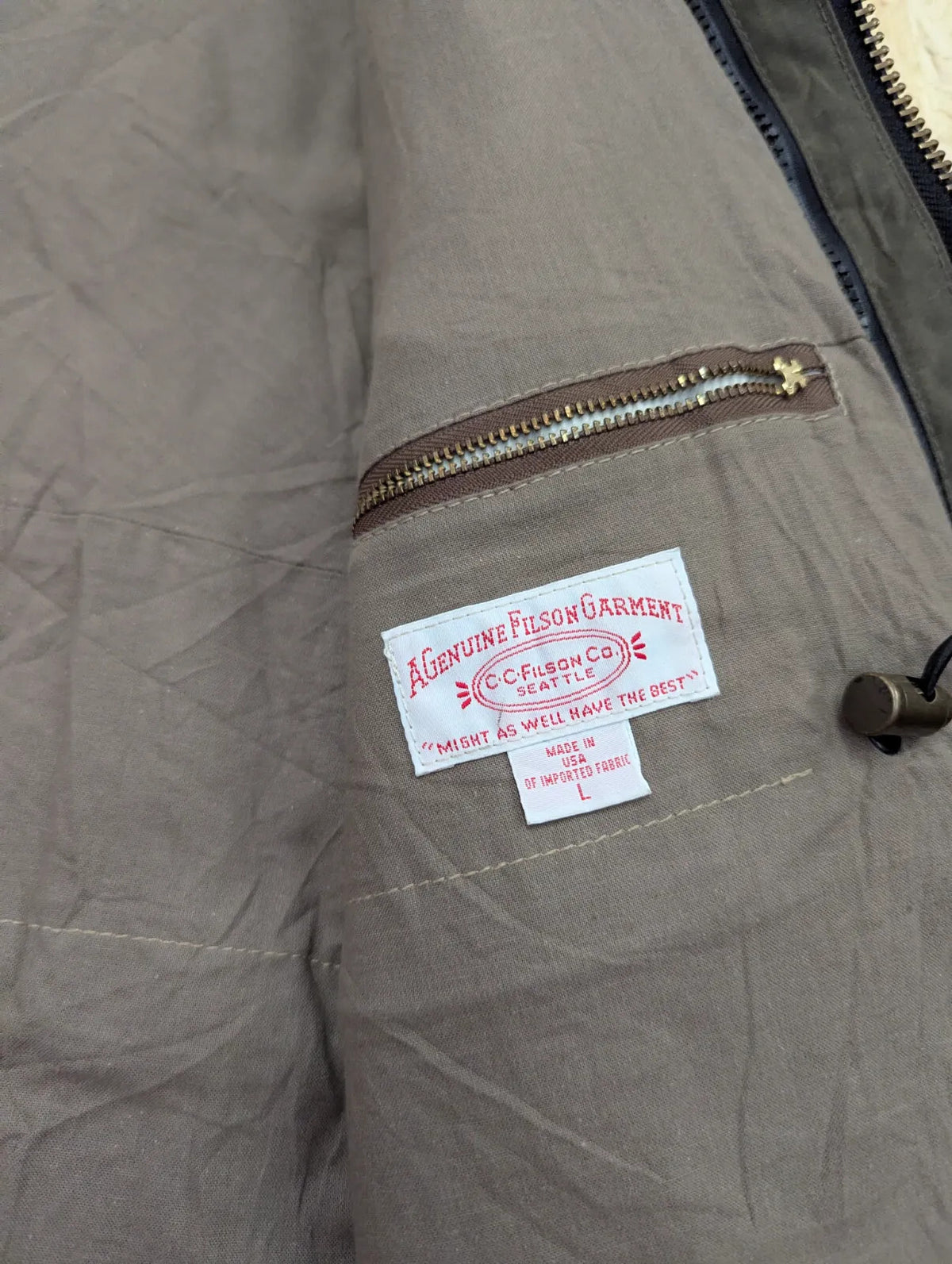 Filson Tin Cloth Field Jacket Mens Large Khaki Green Oil Lined Wax USA Made