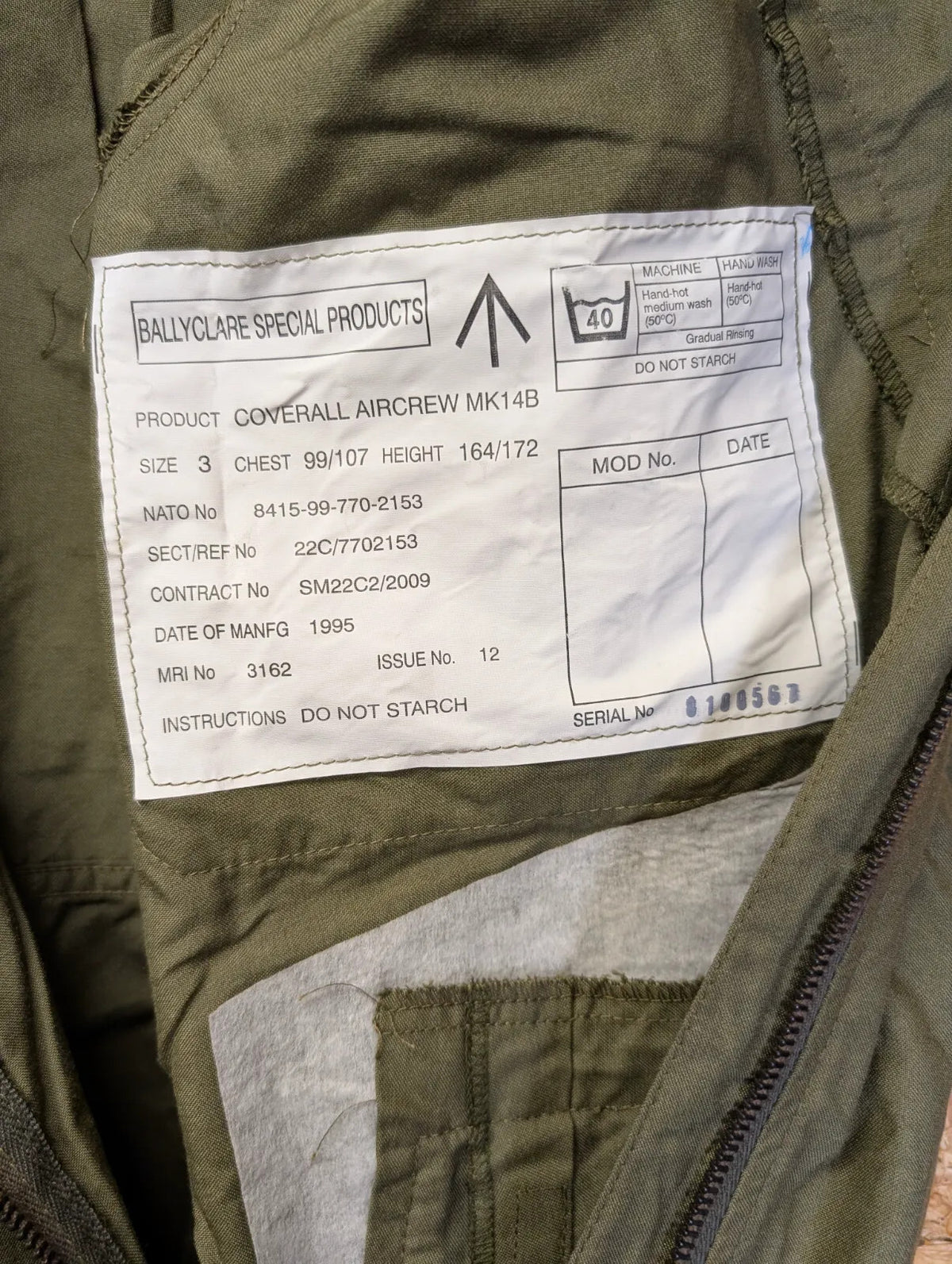Ballyclare Special Products Aircrew MK14B Coverall Size 3 Olive Green Full Zip
