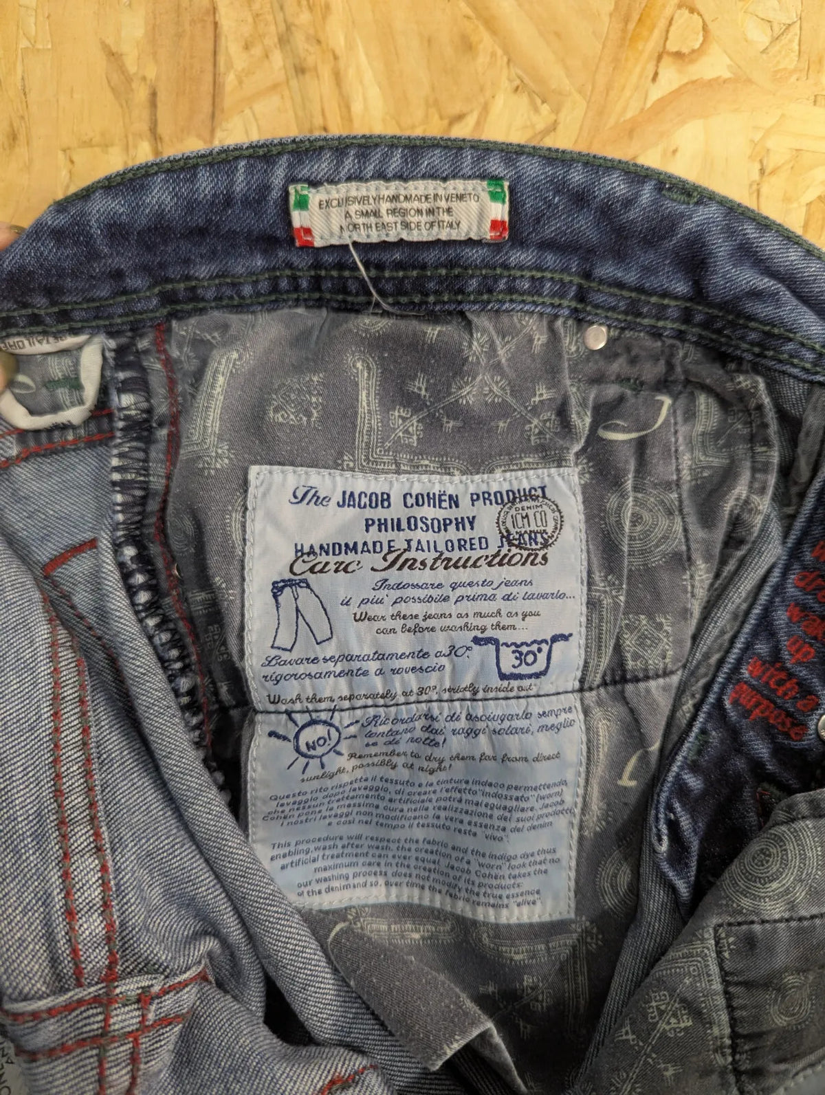 Jacob Cohen Jeans Mens W34 L34 Blue Wash Denim Straight Button Fly Handmade