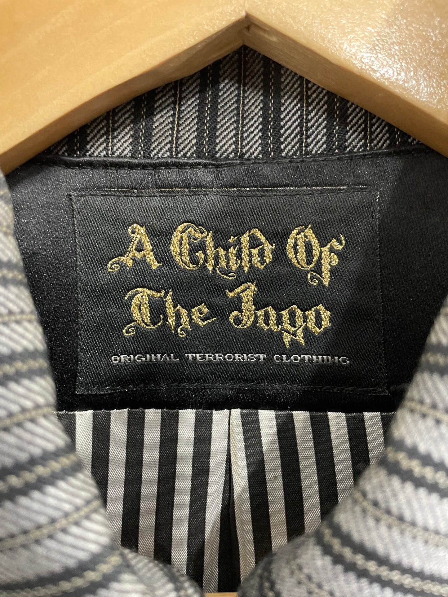 A Child Of The Jago Mens Trucker Jacket Grey Black Pinstripe Small