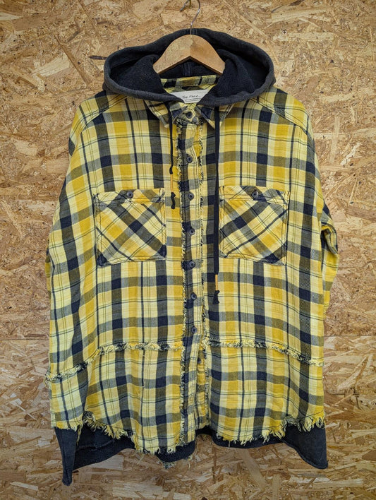 We The Free People Shirt XS Women Hooded Distressed Yellow Black Plaid Button-Up