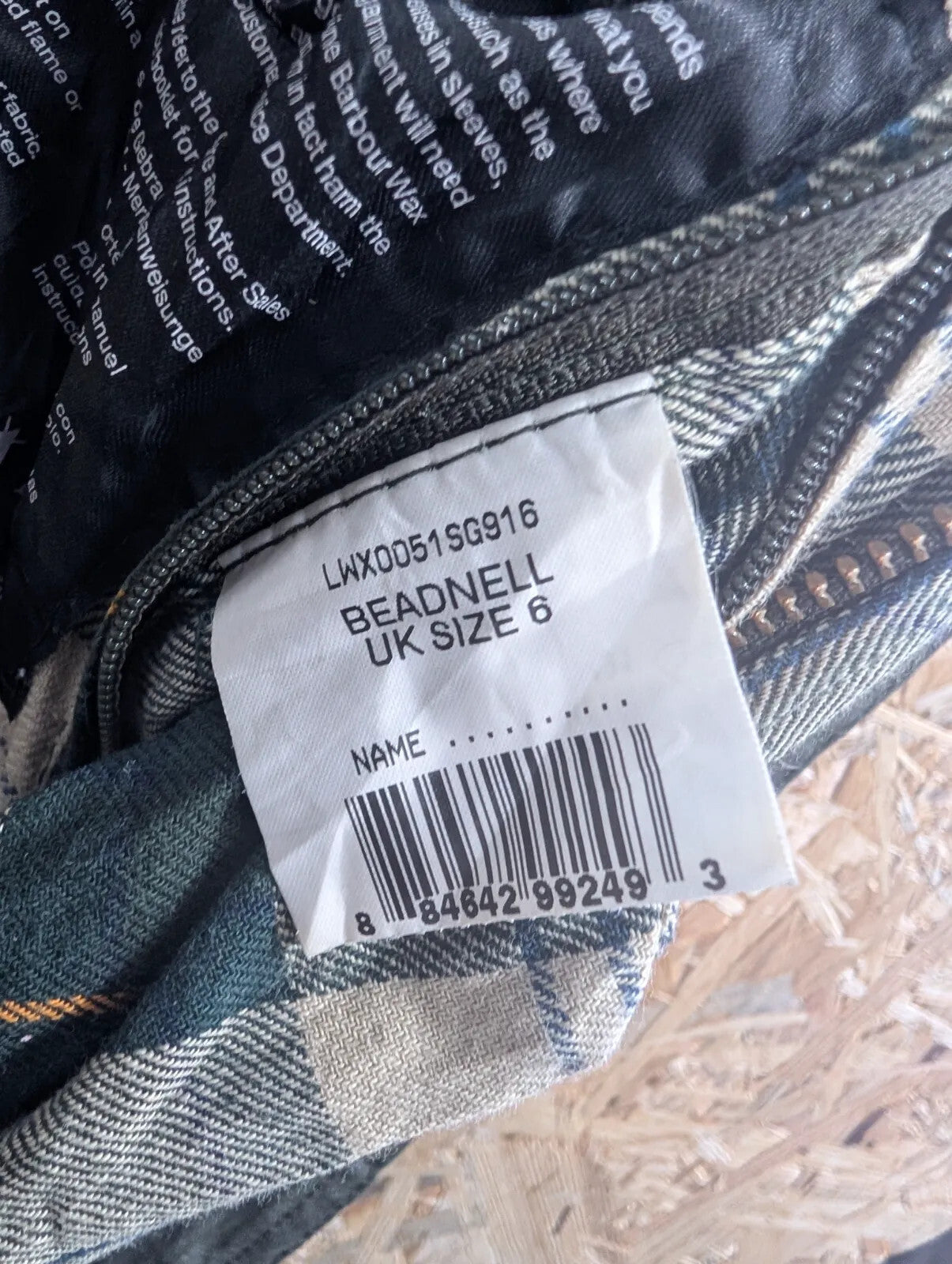 Barbour Beadnell Green Wax Jacket Womens UK6 Tartan Lined Cord Waterproof