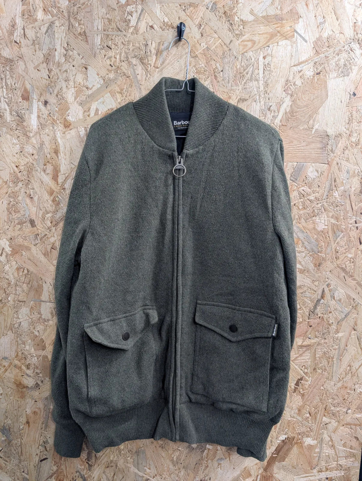 Barbour Land Rover Zip Padded Cardigan Mens Large Olive Green Wool Knit Jumper