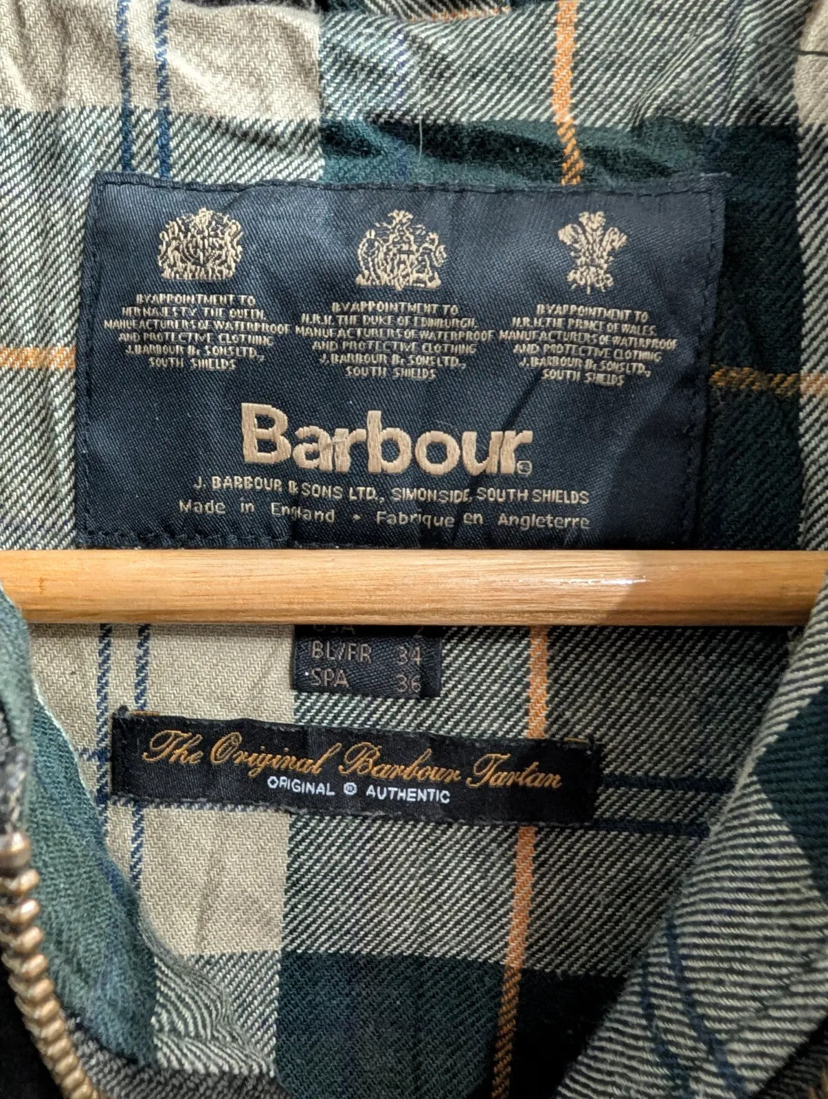 Barbour Beadnell Green Wax Jacket Womens UK6 Tartan Lined Cord Waterproof