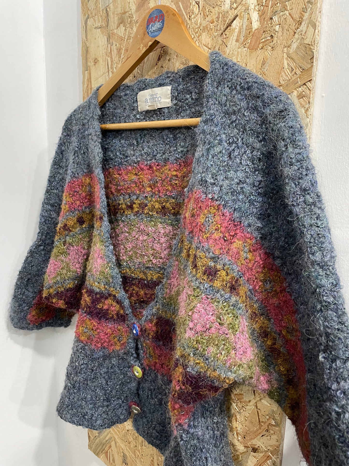 Forever Amano Multicoloured Patchwork Hand Knitted Wool Cardigan Small RRP £260