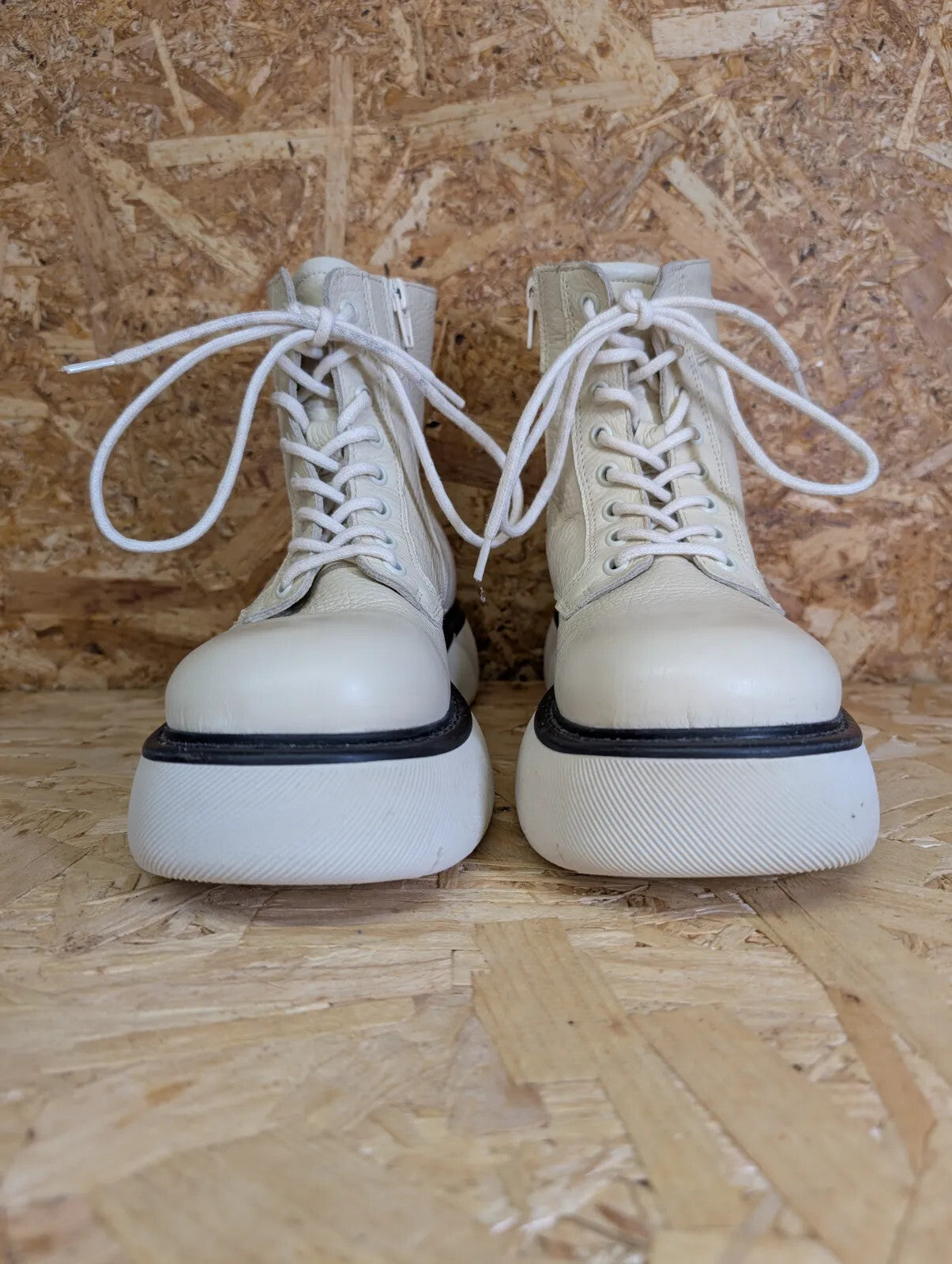 Steve Madden Wanny Ankle Boots Womens UK3 Cream Leather Platform Chunky Lace Zip