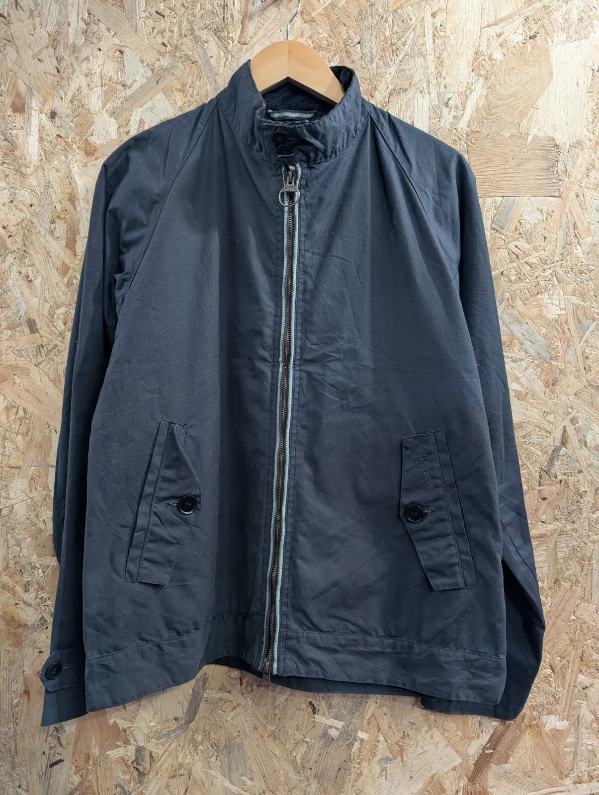 Barbour Harrington SL Jacket Mens Medium Navy Blue Cotton Grandad Collar Country