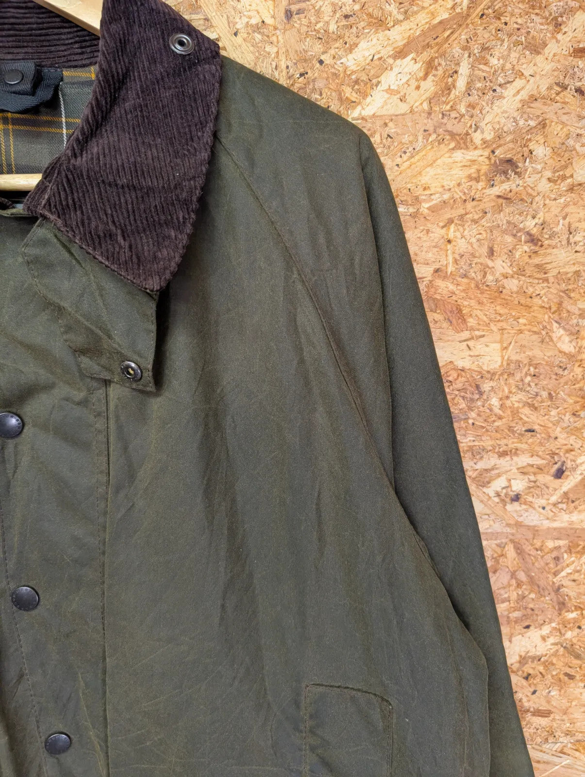 Barbour Classic Beaufort Wax Jacket Mens Large C42 Olive Green Cotton Tartan