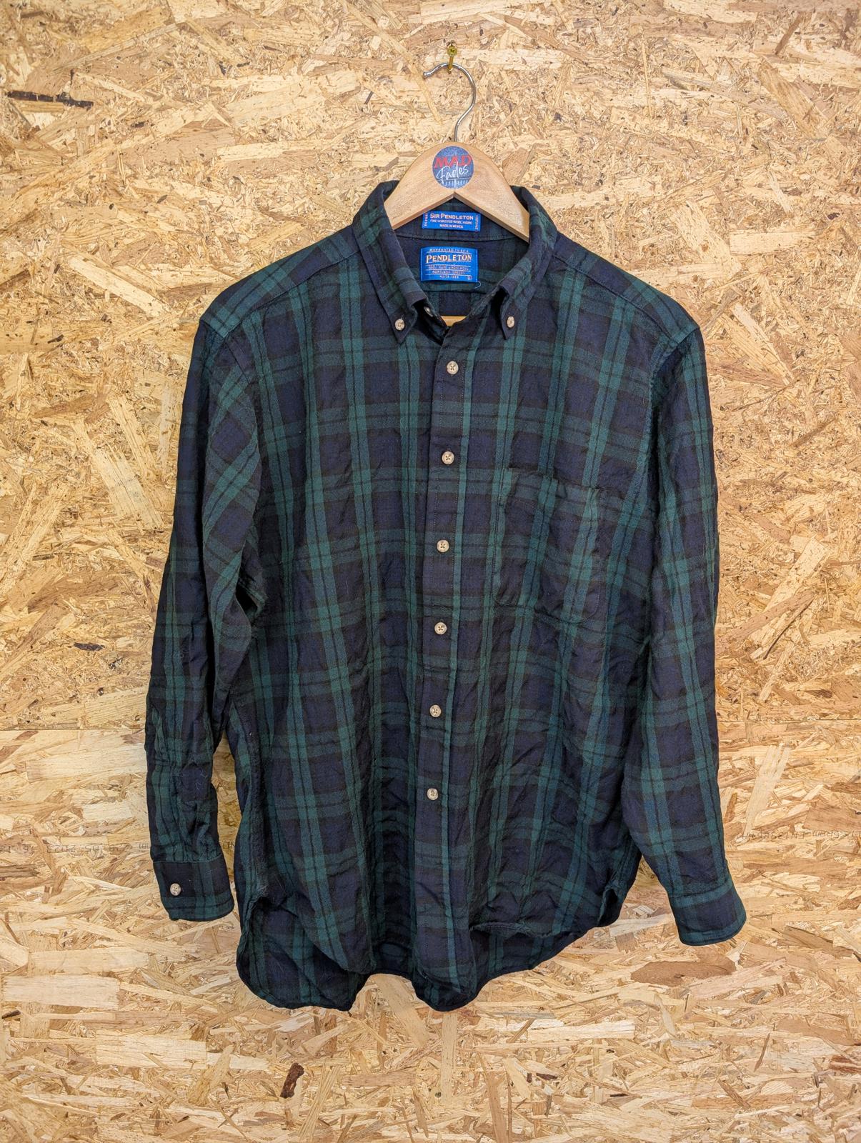 Sir Pendleton Shirt L Navy Blue Green Check Plaid Wool Black Watch Tartan USA