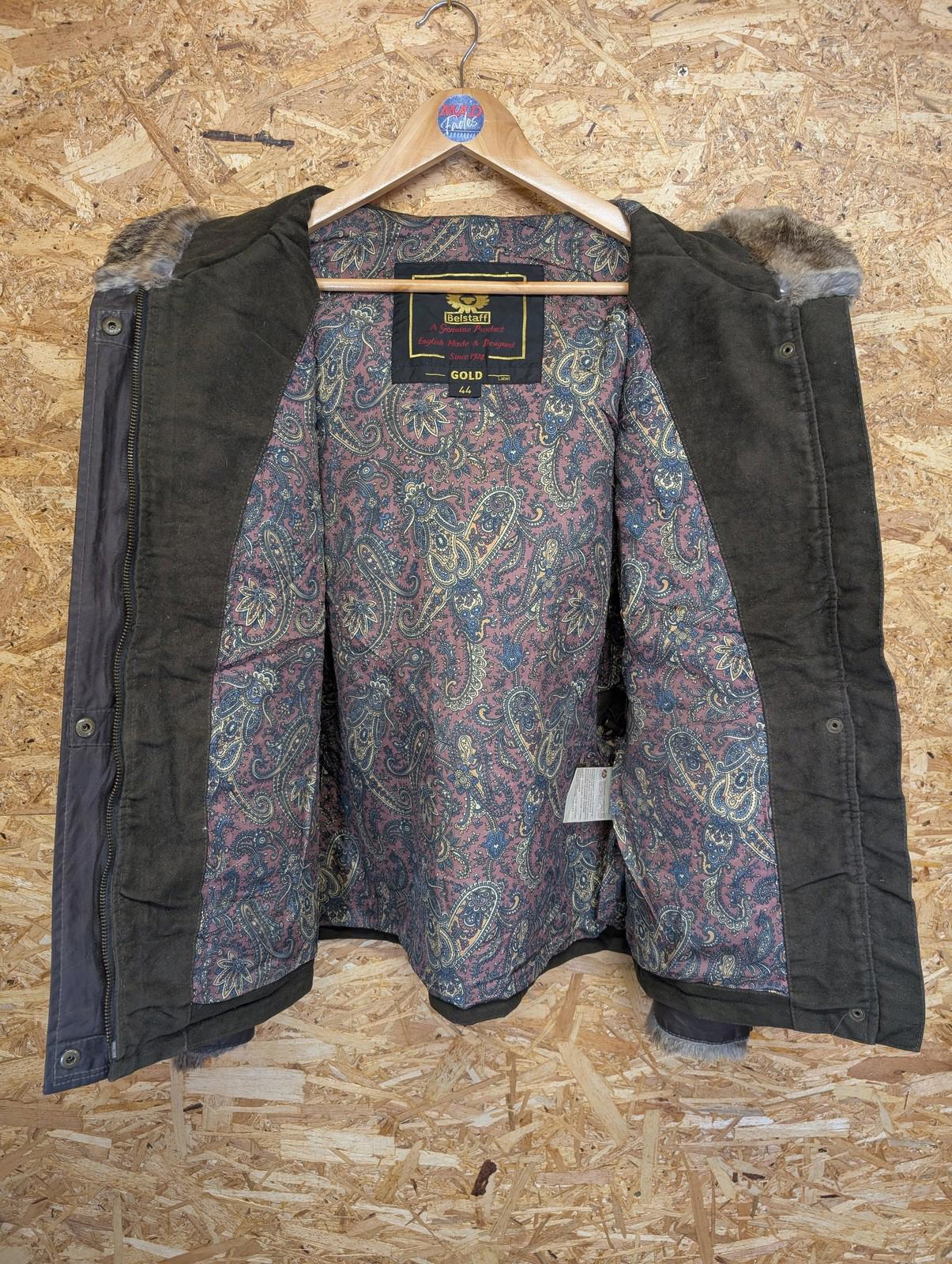 Belstaff Gold wax Jacket Size 12 Women 44 Quilted Brown Fur Trim Hood Biker