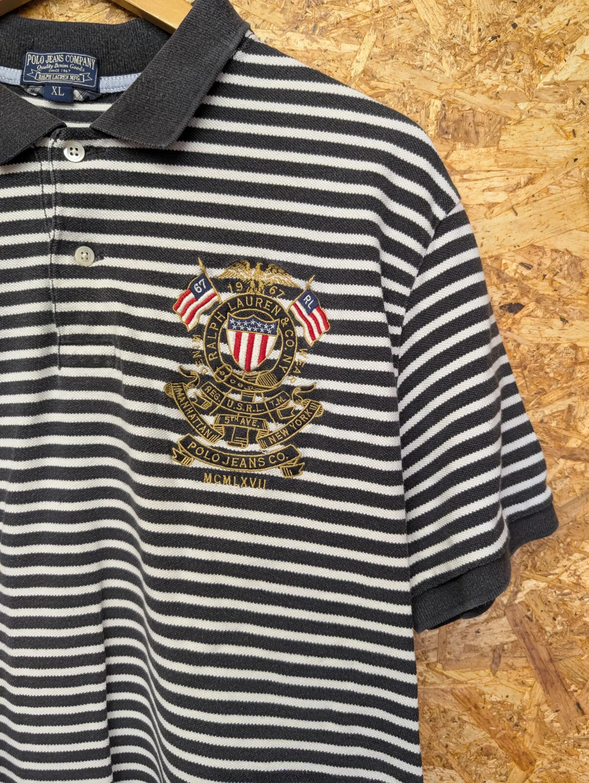 Vintage Ralph Lauren Polo Shirt Men XL Black White Embroidered Cotton Stripe 90s