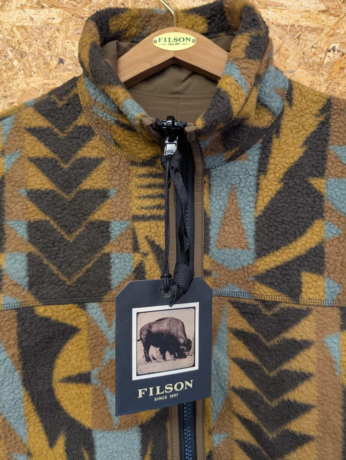 Filson Reversible Pile Fleece Jacket Mens Small Aztec Brown Khaki Full Zip USA