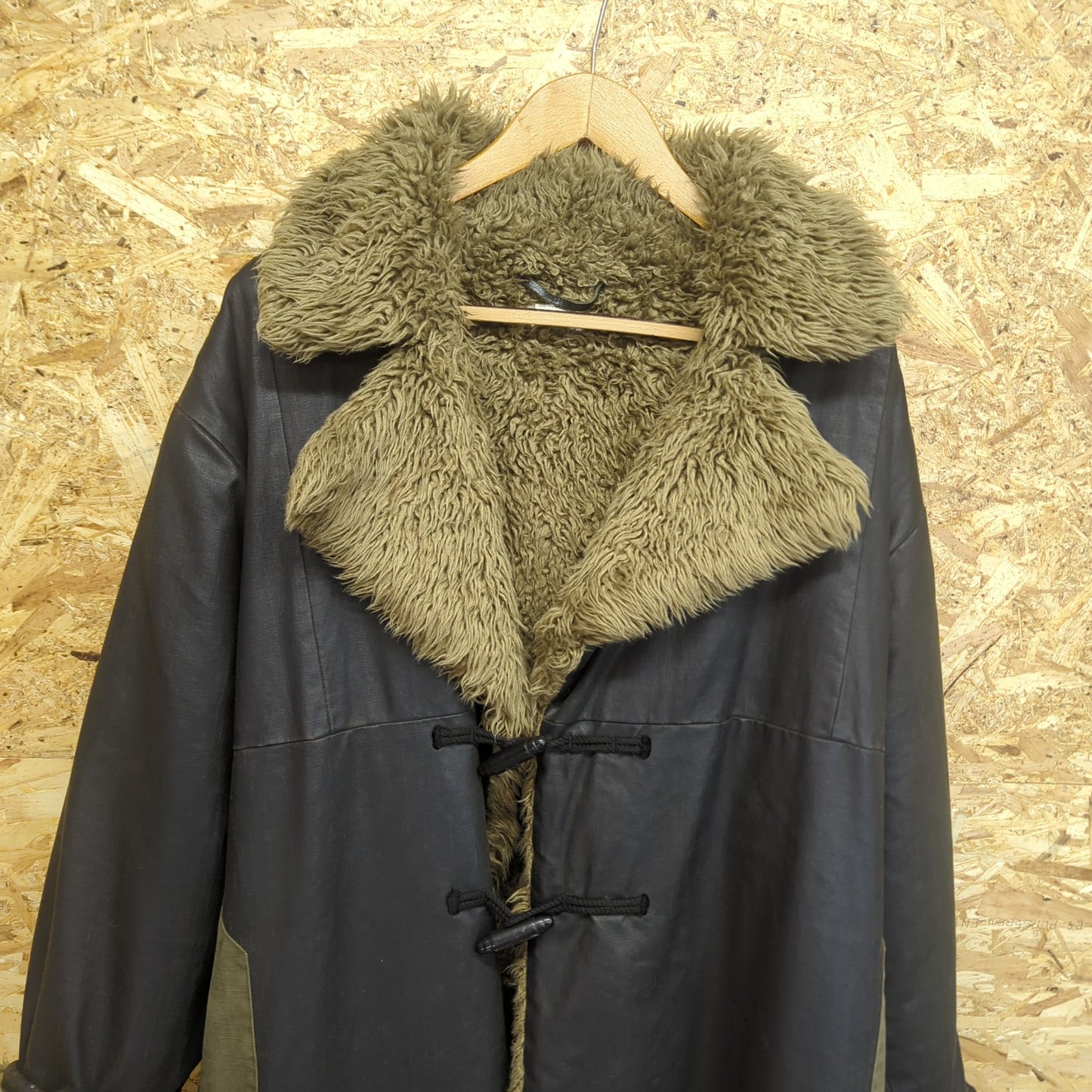 Dries Van Noten Long Line Waxed Sherpa Duffle Coat Charcoal Canvas Womens XL
