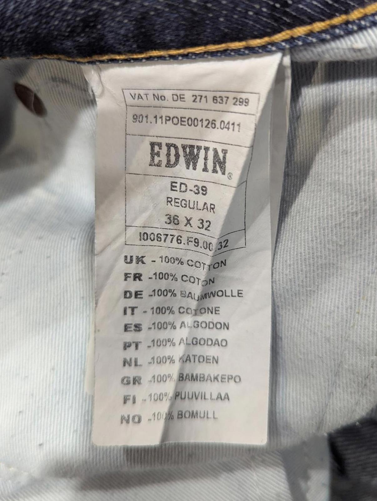 Edwin ED-39 Regular Jeans W36 L32 Men Straight Fit Navy Blue Denim Button Fly