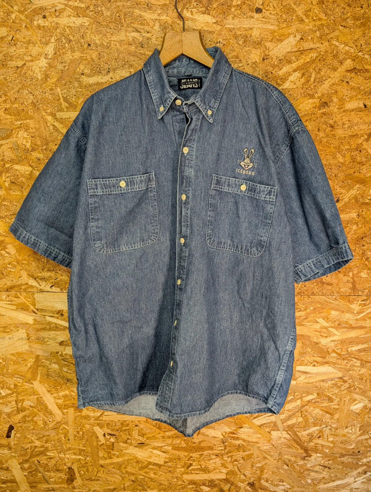 Vintage Iceberg Jeans Shirt Mens XL Blue Denim Short Sleeve Embroidered 90s