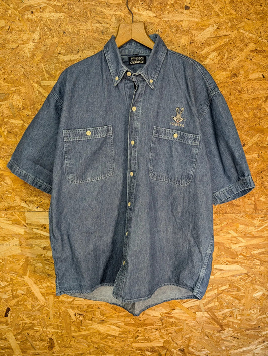 Vintage Iceberg Jeans Shirt Mens XL Blue Denim Short Sleeve Embroidered 90s