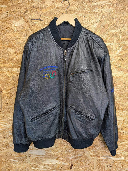 Adidas Olympic Bomber Leather Jacket Large Men Vintage 1980s Vintage 80s Black