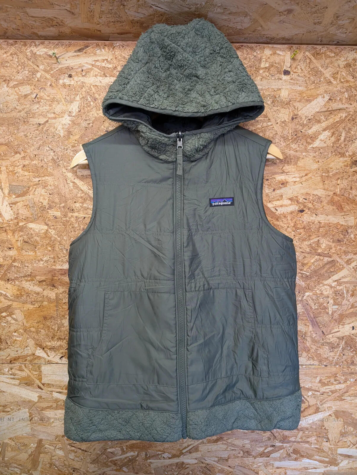 Patagonia Gilet Fleece Vest Women M Green Reversible Hooded Full Zip Fleece