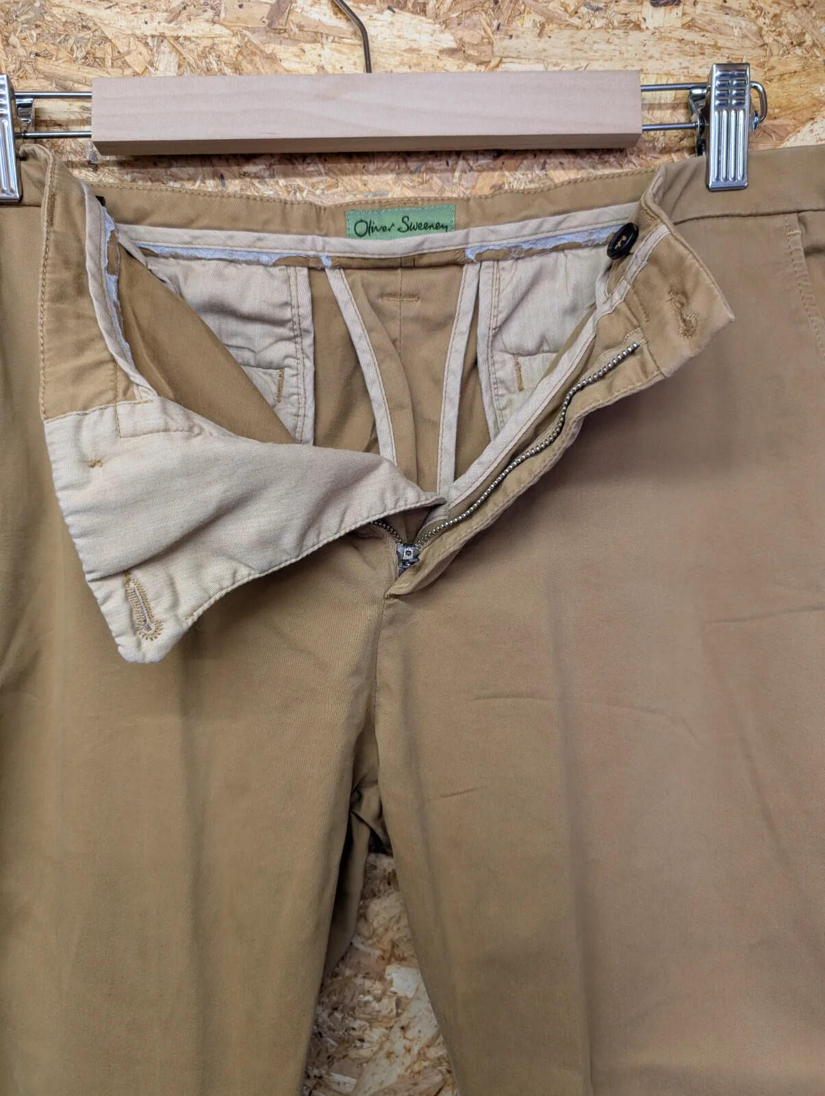 Oliver Sweeney Slim Chinos Mens W34 L32 Tan Brown Twill Trousers Zip Fly Smart
