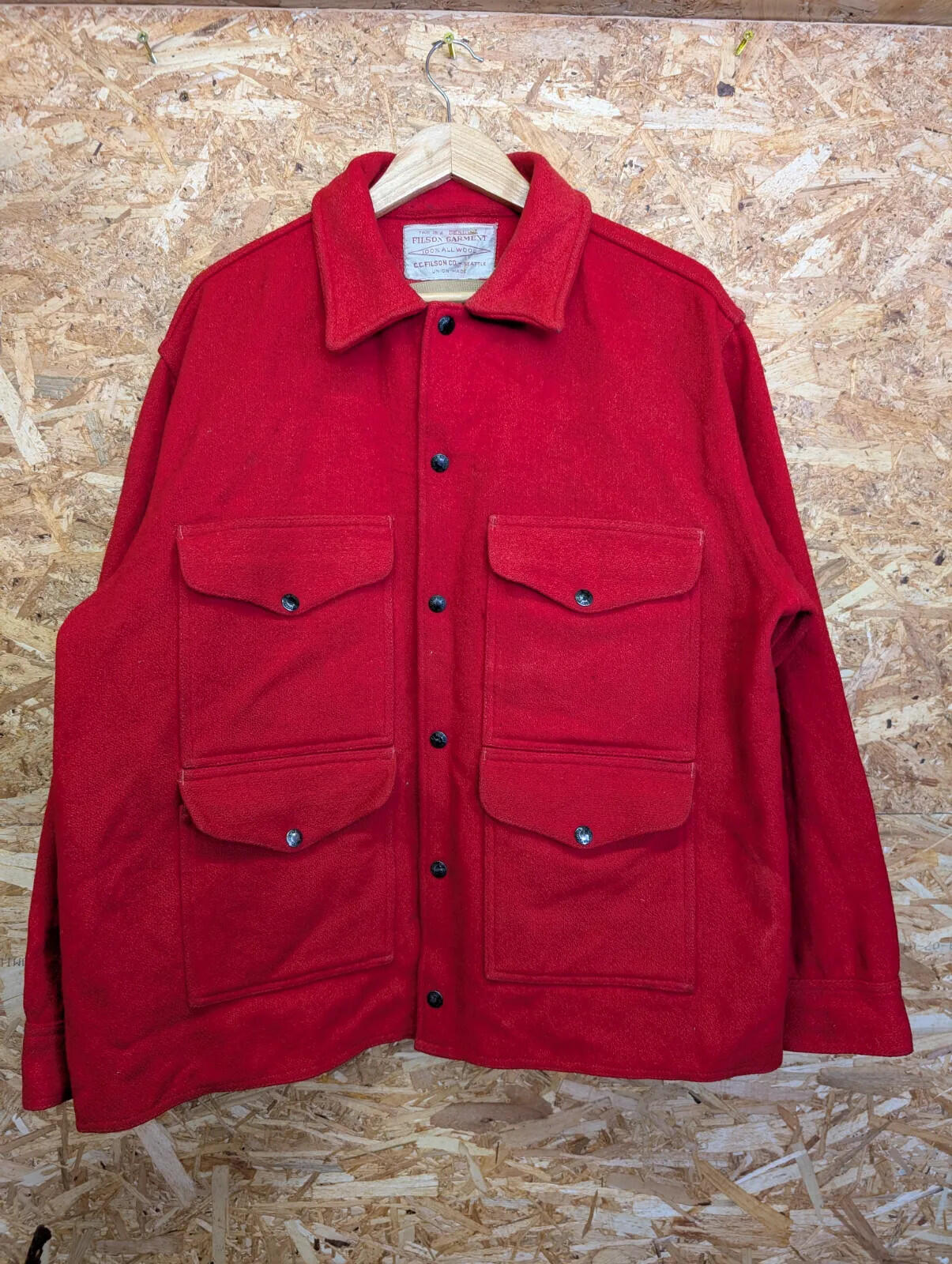 Vintage Filson Garment Wool Jacket Mens Red Large Snap Pockets Union Made USA