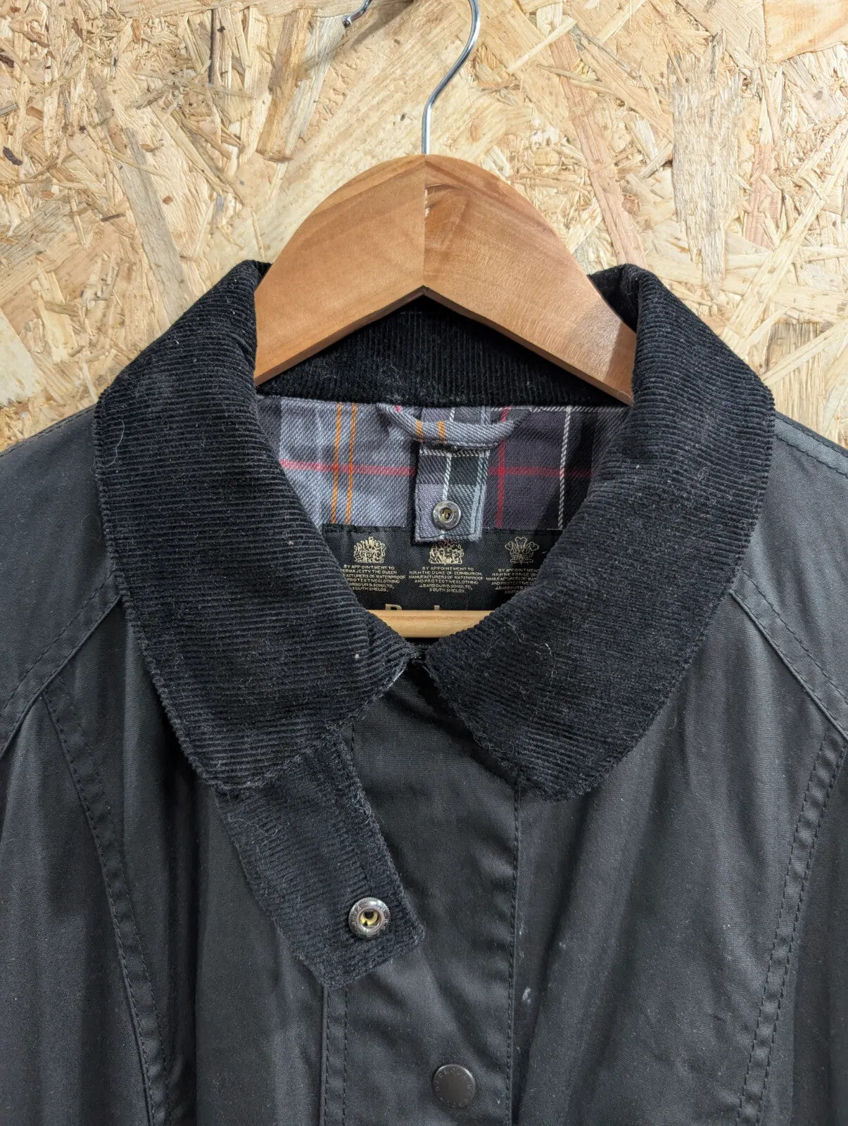 Barbour Beadnell Wax Jacket Womens UK16 Black Cotton Plaid Tartan Cord Chinstrap