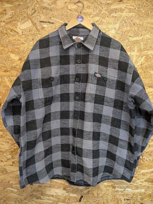 Dickies Over Shirt XL Mens Heavy Check Button-Up Grey Black Work Flannel Plaid