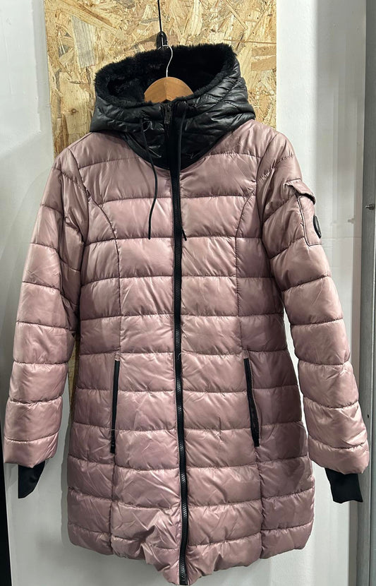 Steve Madden Parka Women Medium 10-12 Pink Black Quilted Puffer Hooded Coat