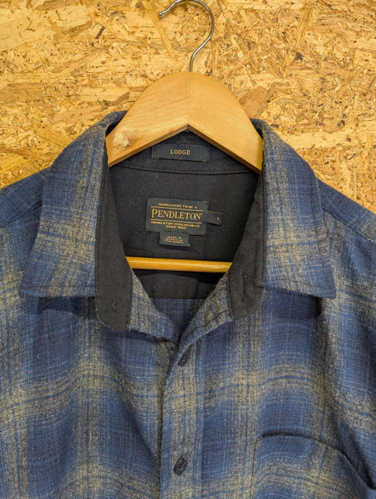 Pendleton Lodge Shirt Mens Large Navy Blue Grey Check Plaid Wool USA
