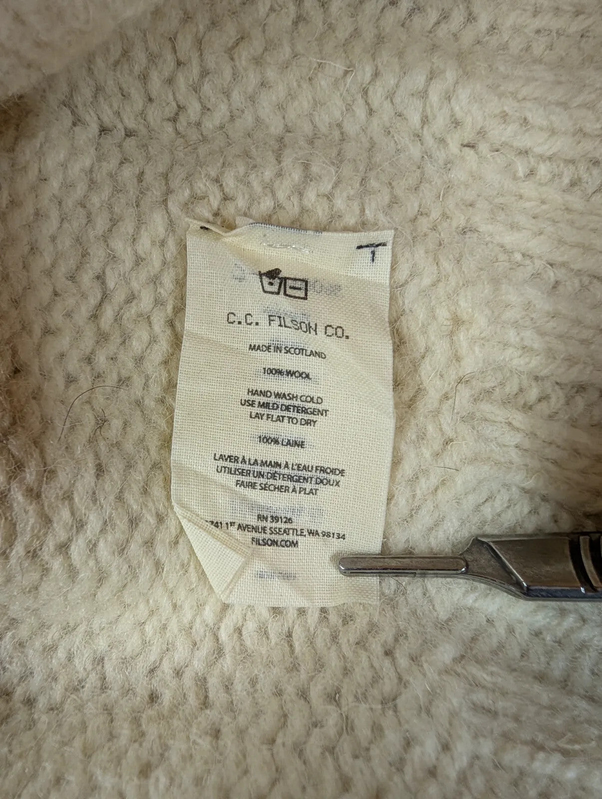 Filson Knit Crew Neck Jumper Mens Small Cream White Scotland Wool Pullover L/S