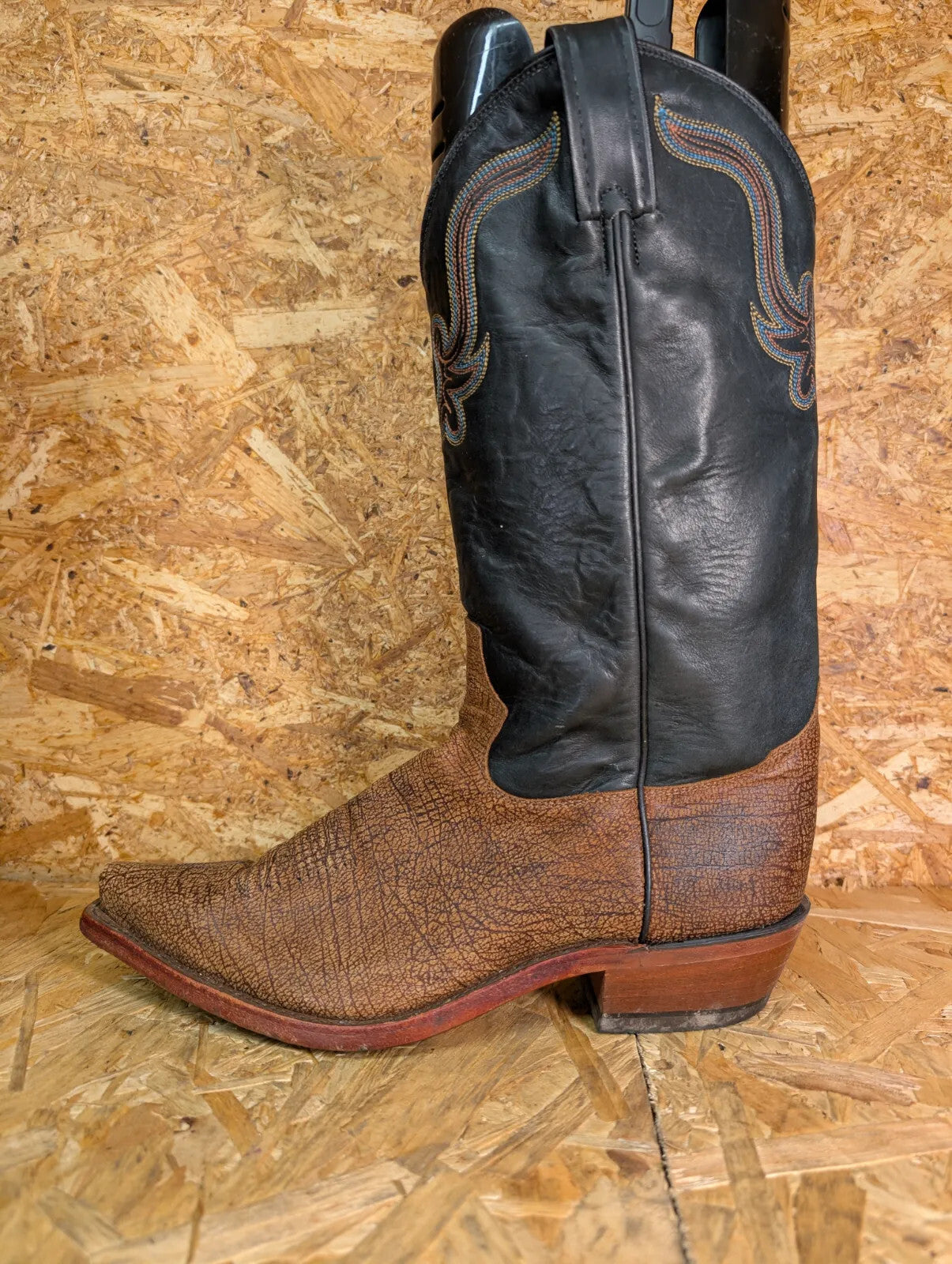 Tony Lama Cowboy Boots Mens UK8 Black Leather Western Embroidered Vintage 90s
